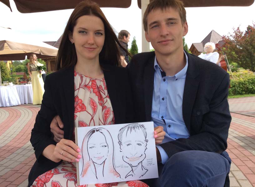 девушка и парерь голубая рубашка держат шарж Сябры