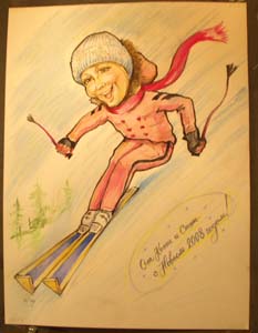 Шарж лыжницы слалом в красном