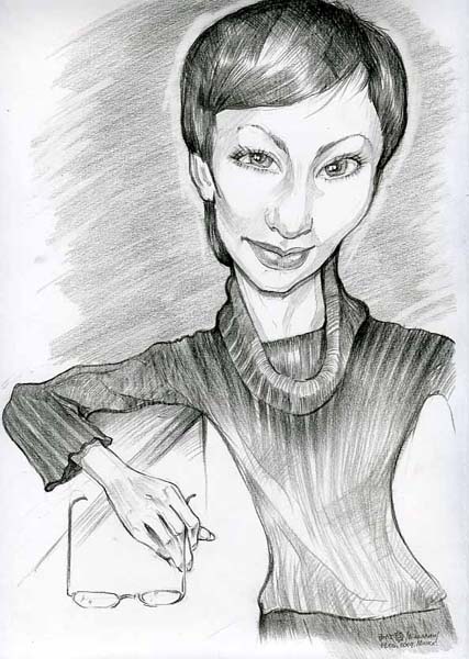 Рисунок девушки с очками в свиторе шаржист Михаил Шабалин, шаржист Мишель