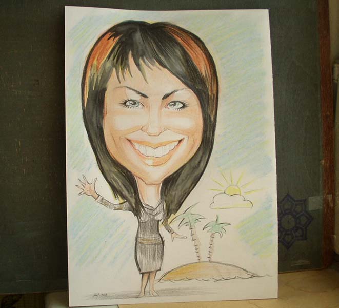 Девушка на фоне пальмового острова шаржист Михаил Шабалин, шаржист Мишель